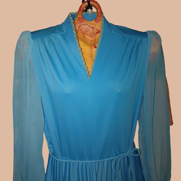 Women's Blue Midi 60 Sheer Polyester Long Sleeve Zig Zag  V Neck Dress Vintage - Picture 1 of 12